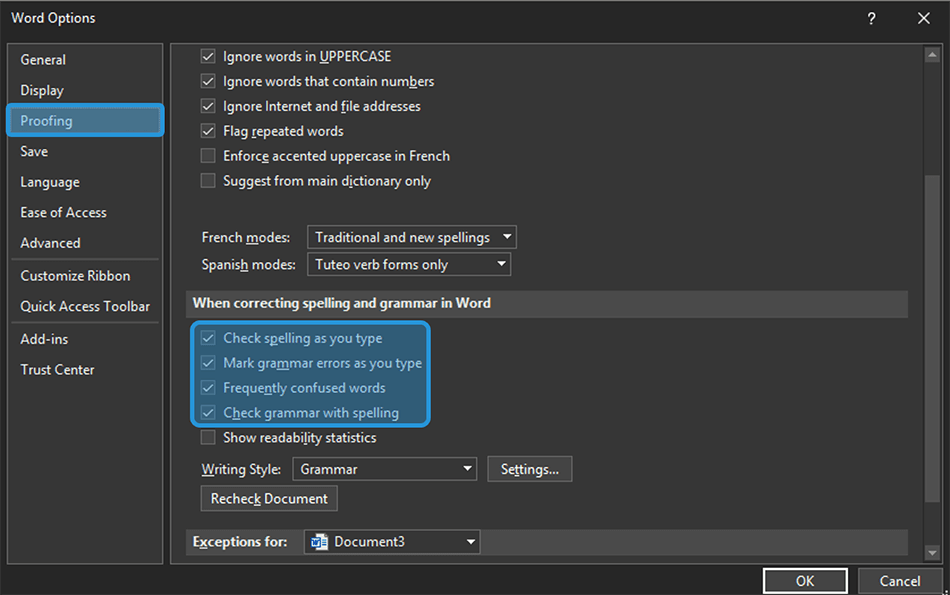 Centang Opsi Correcting Spelling