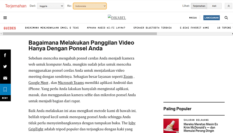 Contoh Hasil Terjemah Bahasa di Situs