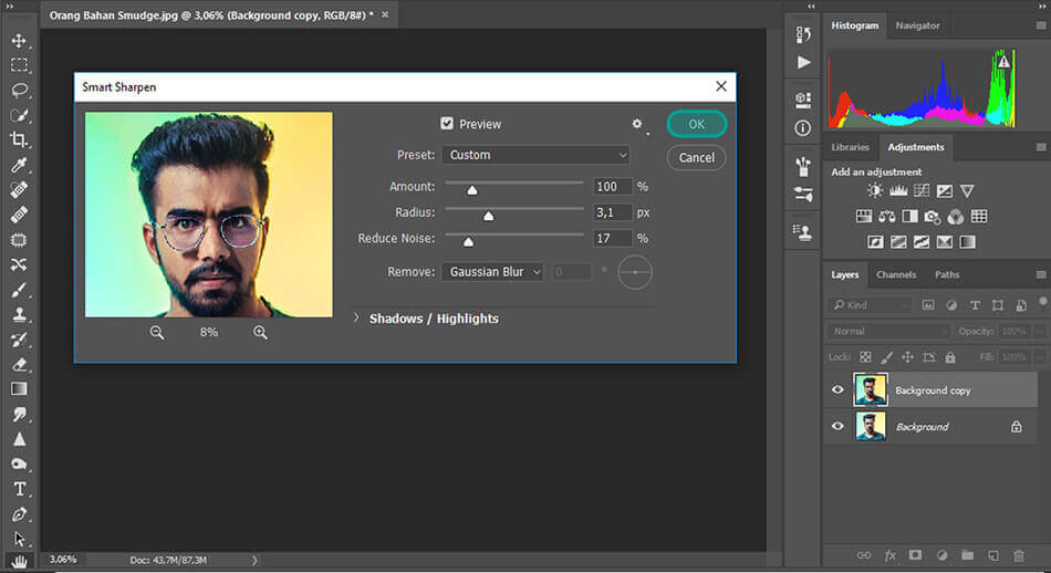 Jendela Smart Sharpen di Photoshop