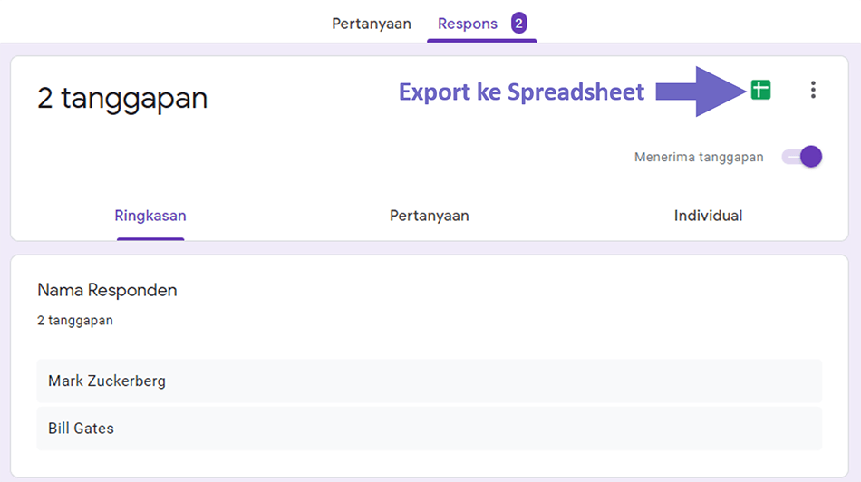 Export Hasil Data Tanggapan ke Spreadsheet