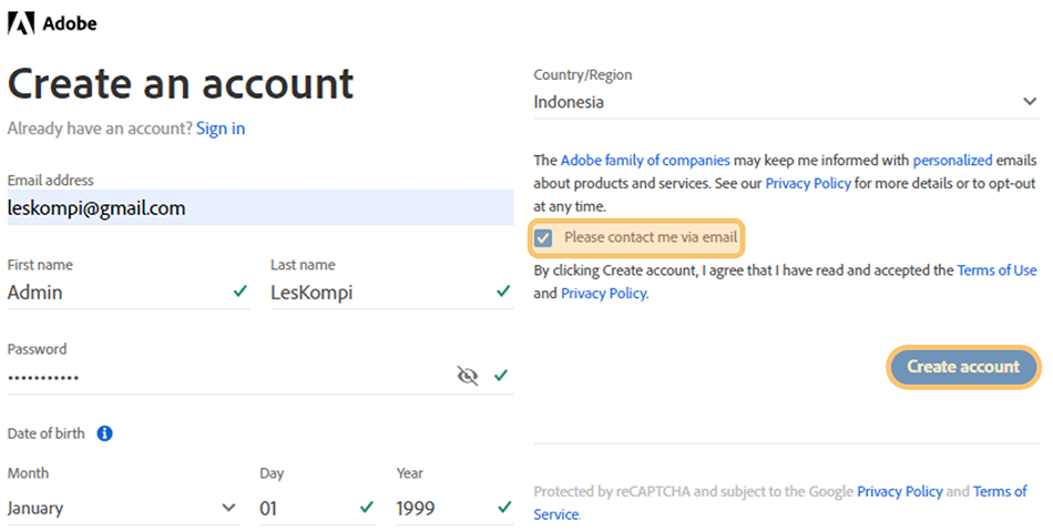 Data Diri Akun di Adobe