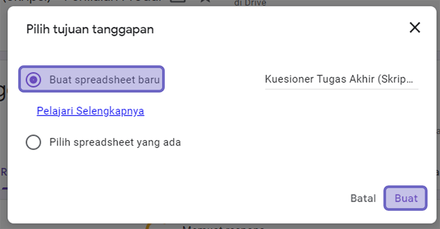 Opsi Buat Spreadsheet Baru