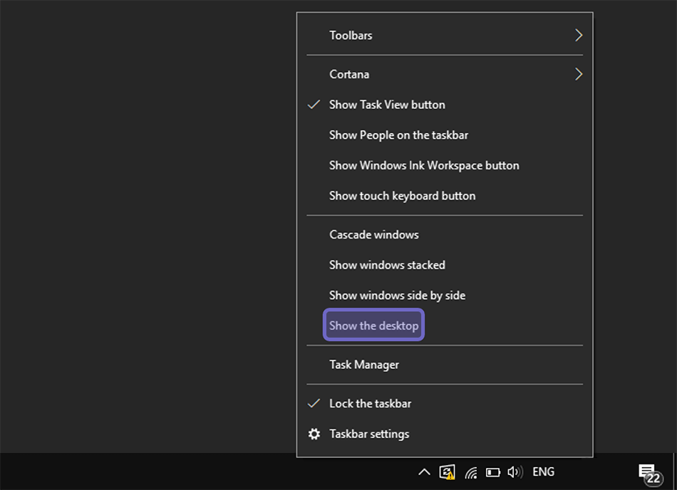 Show the Desktop di Taskbar