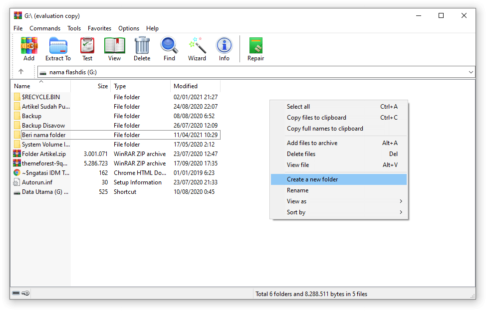 Menu Create New Folder RAR