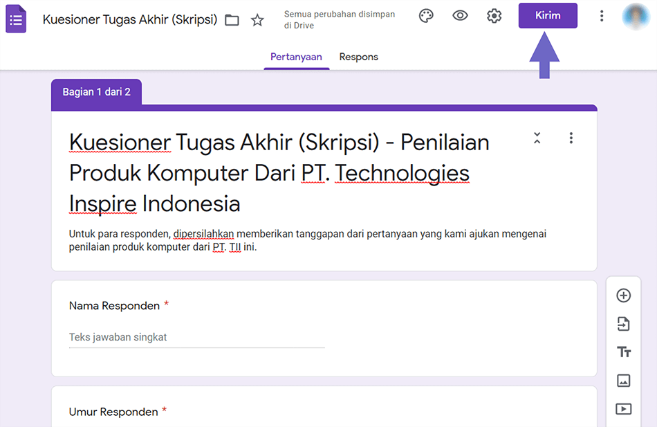 Pilih Menu Kirim di Google Formulir