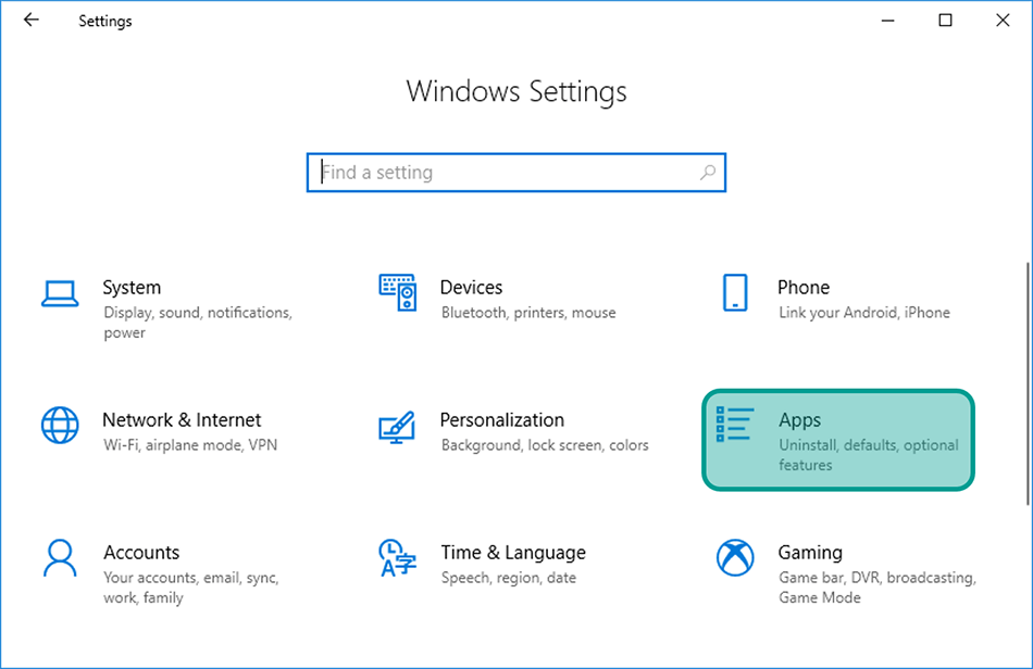 Menu Apps di Windows Settings