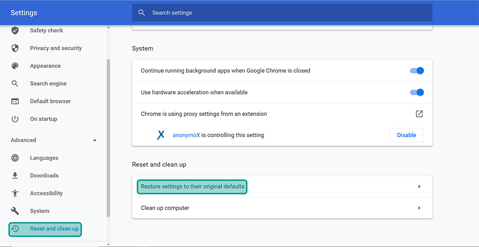 Menu Restore Settings di Google Chrome