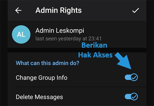 Berikan Hak Akses Admin Telegram