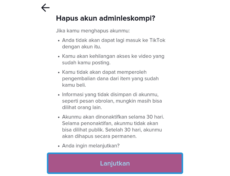 Opsi Hapus Akun TikTok