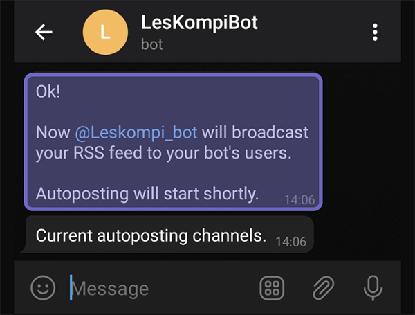 Notifikasi RSS Feed Bot Berhasil Dikaitkan