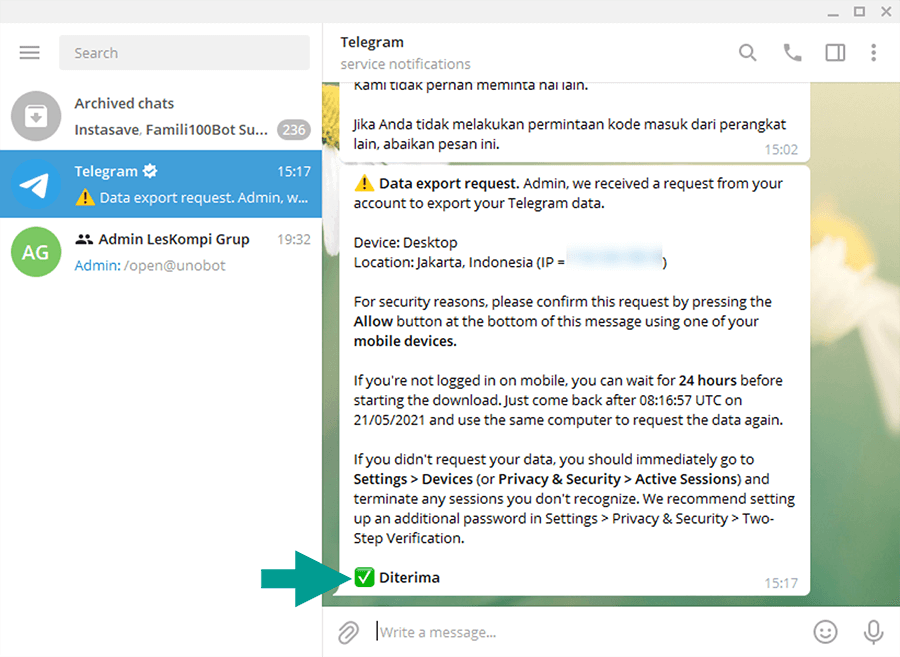 Contoh Pesan Backup Telegram