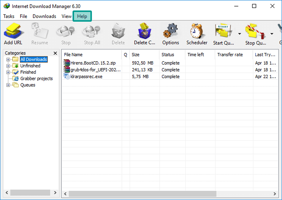 Menu Help IDM