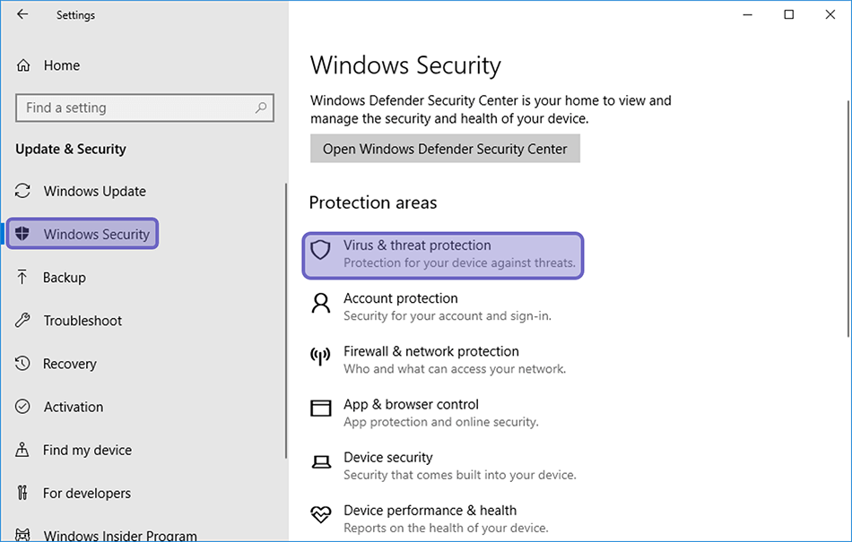 Menu Virus and Threat Protection