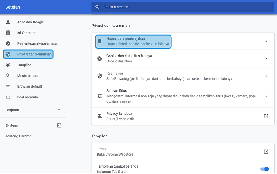 Opsi Hapus Data Browsing