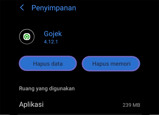 Memilih Opsi Hapus Data dan Cache Aplikasi