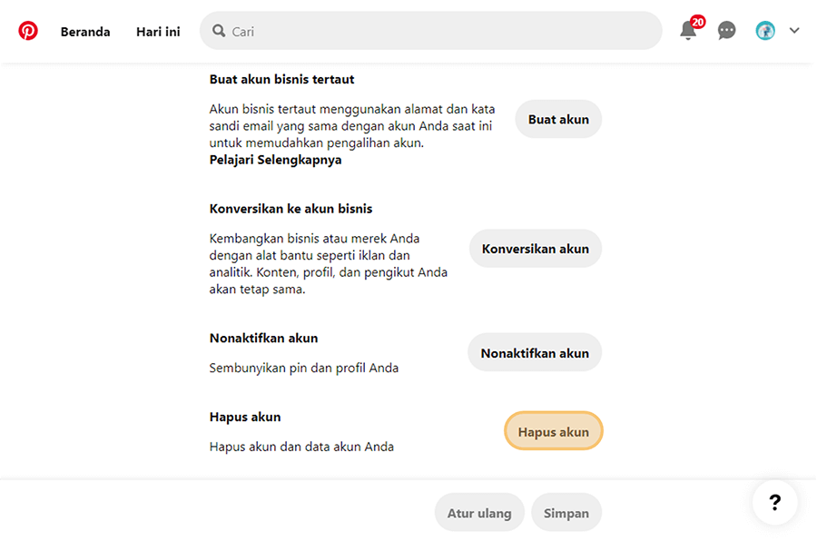 Tombol Hapus Akun Pinterest