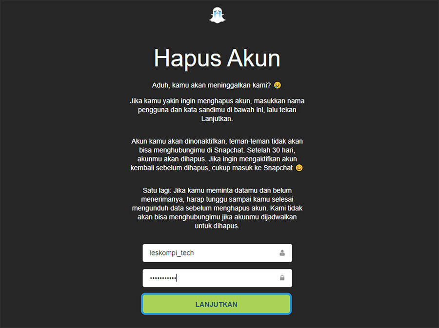 Lakukan Konfirmasi Hapus Akun Snapchat