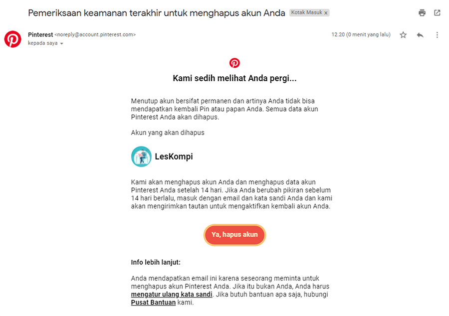 Konfirmasi Penutupan Akun Pinterest