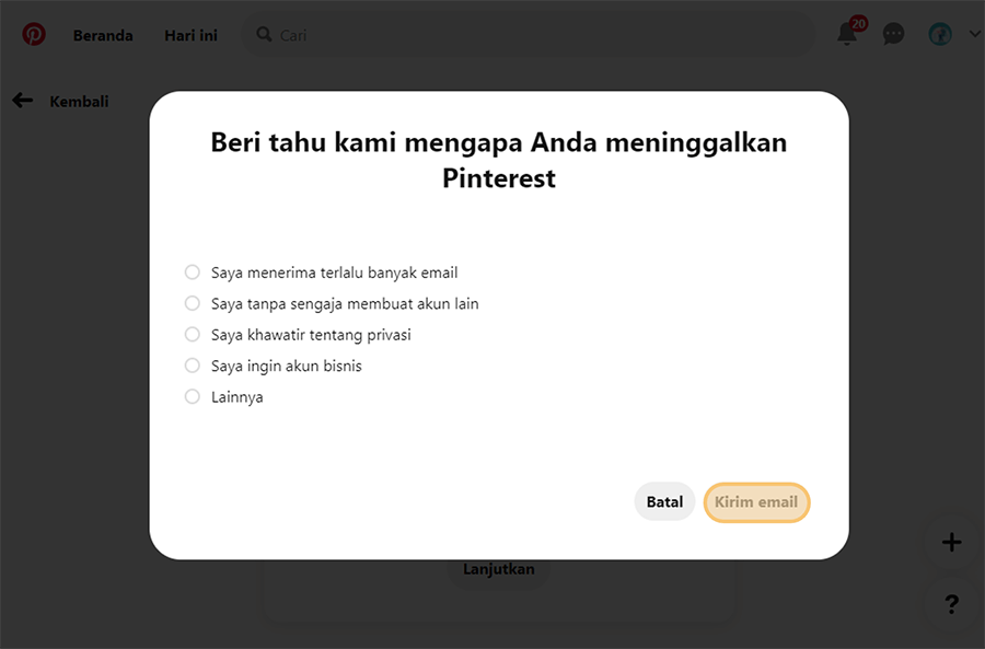 Pilih Alasan Kenapa Ingin Menghapus Akun Pinterest