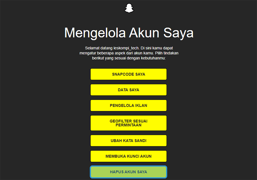 Opsi Hapus Akun Saya di Snapchat