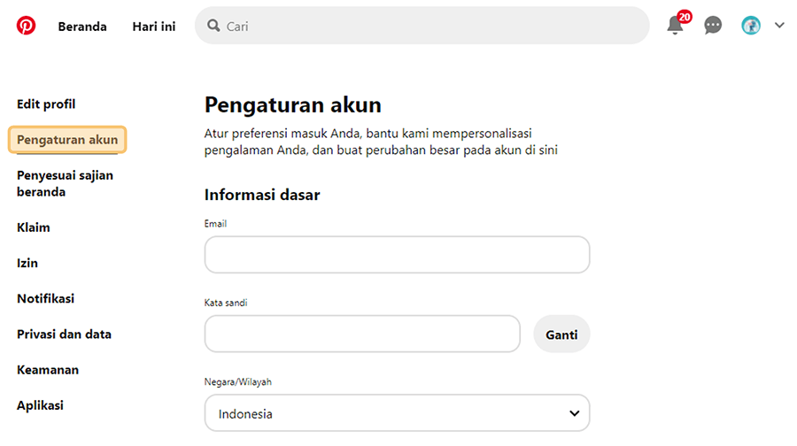 Pilih Pengaturan Akun Pinterest