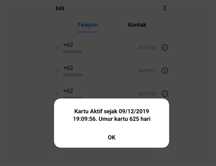 Contoh Informasi Umur Kartu Three Muncul