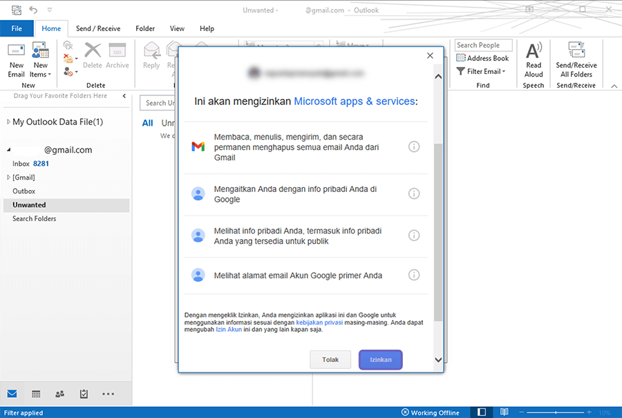 Atur Izin Gmail ke Outlook