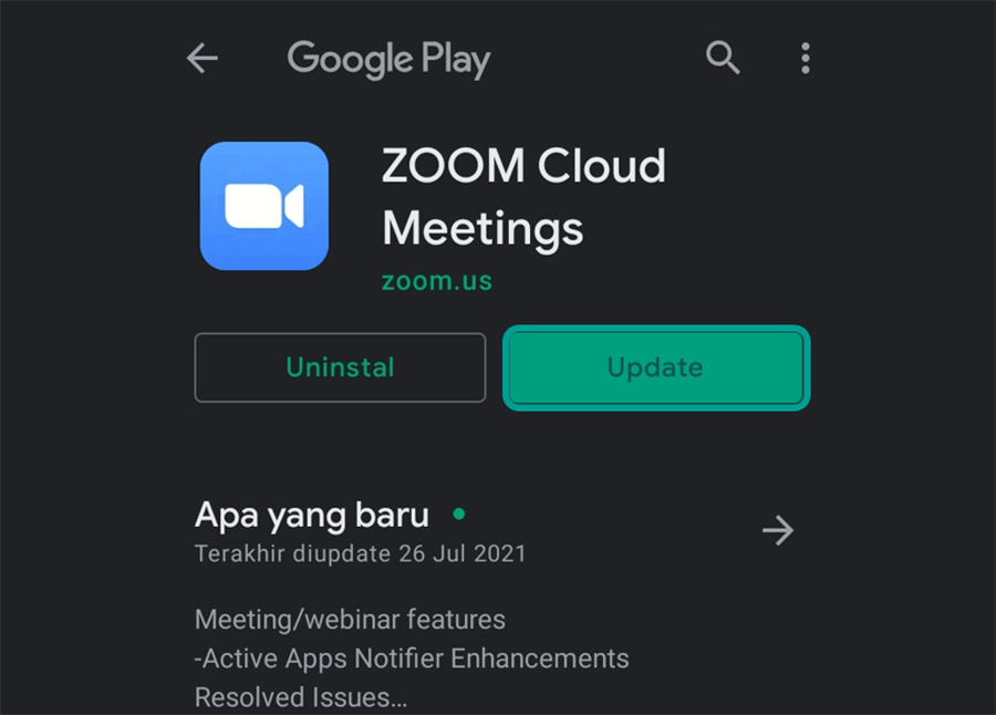 Contoh Mulai Update Zoom HP