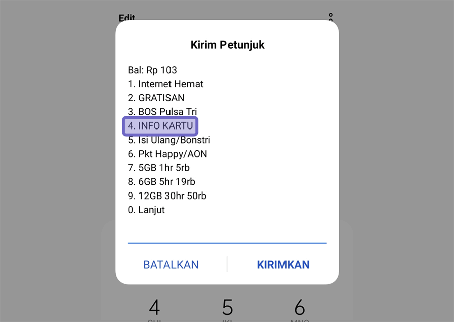 Pilih Opsi Info Kartu Tri