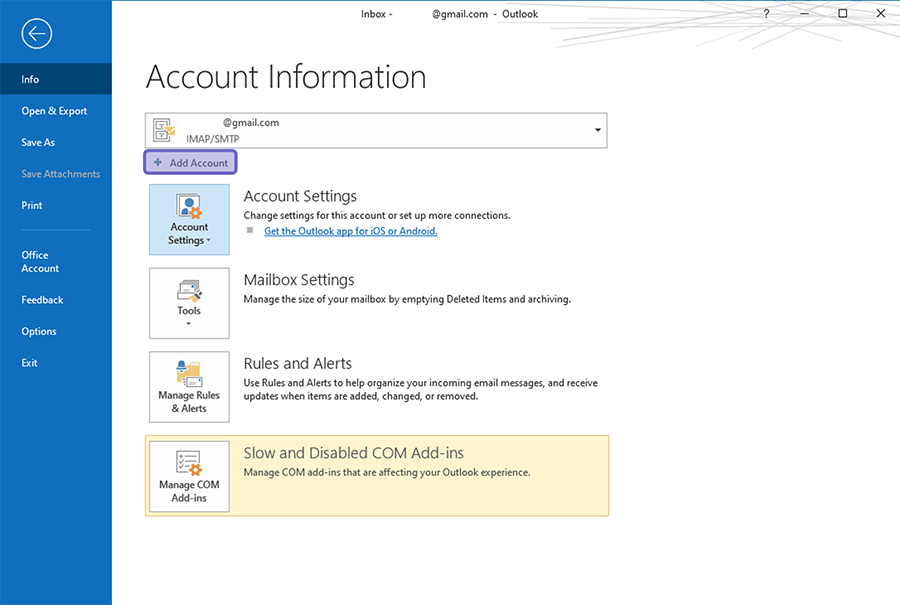 Menu Add Account di Outlook