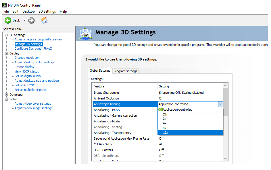 Anisotropic Filtering NVIDIA Control Panel