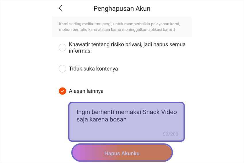 Isi Alasan Hapus Akun Snack Video