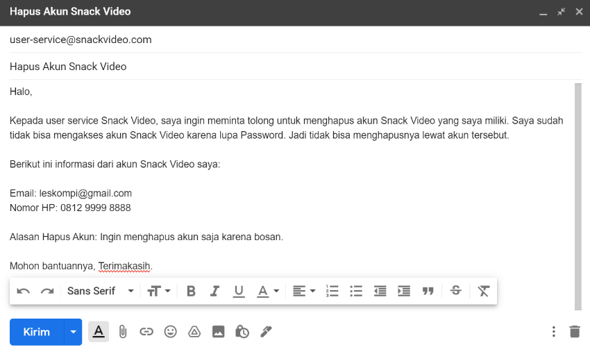 Pesan Permintaan Hapus Akun Snack Video