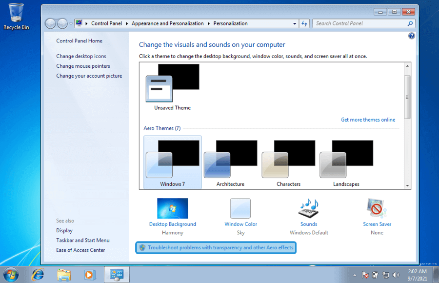 Opsi Troubleshoot Problems Aero Effect