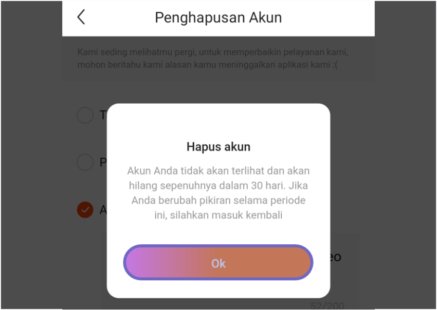 Konfirmasi Lagi Hapus Akun Snack Video