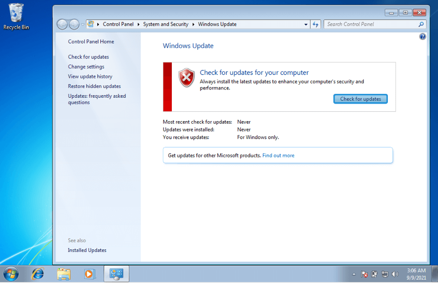 Opsi Check for Updates Windows 7