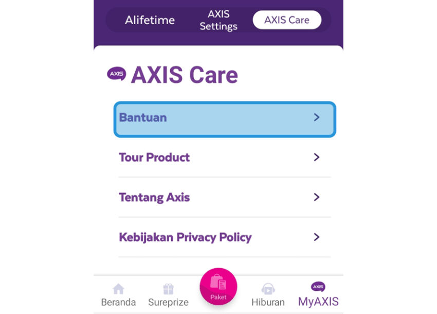 Menu Bantuan Axis