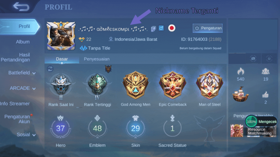 Contoh Nickname Akun Berhasil Terganti