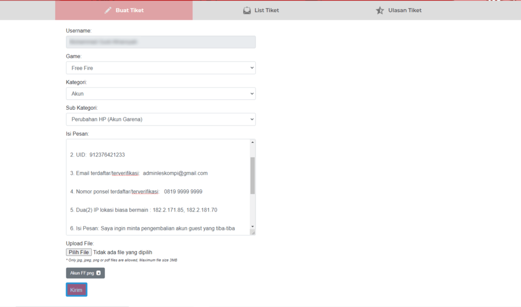 Kirim Tiket Support ke Garena