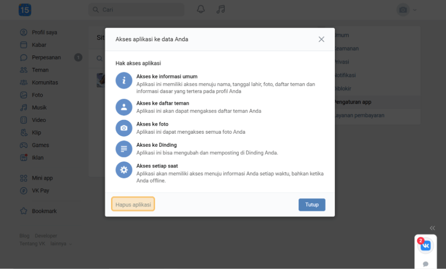 Opsi Hapus Aplikasi di VK