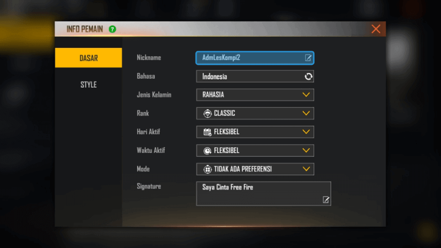 Opsi Nickname Free Fire