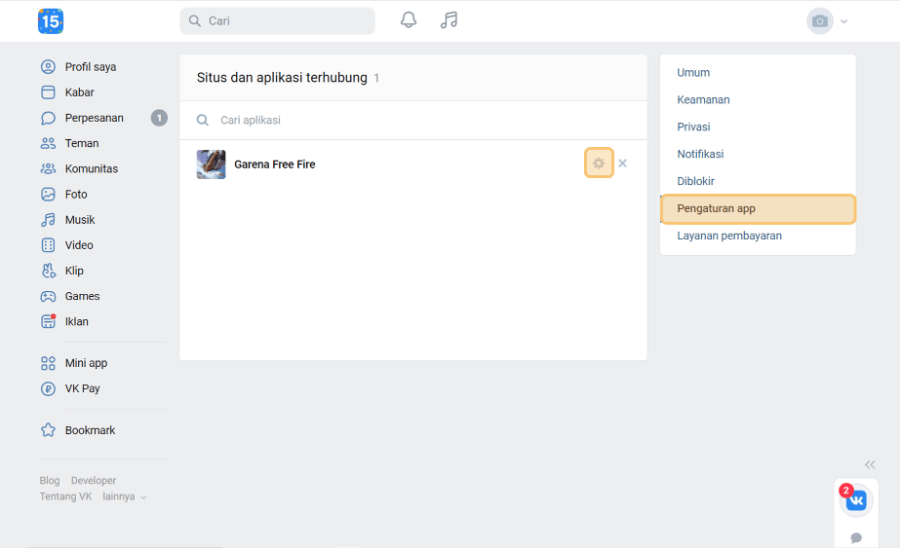 Pengaturan Aplikasi di VK