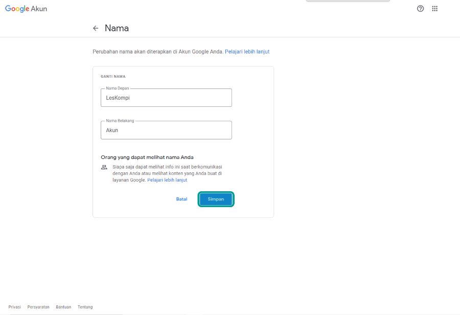 Mengubah Nama Dasar Akun Google
