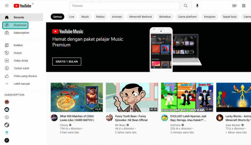 Menu Eksplorasi Youtube PC