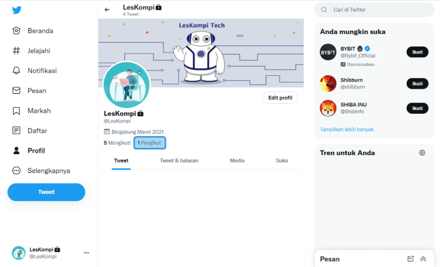 Menu Profil Akun Twitter
