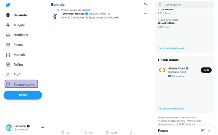 Menu Selengkapnya Akun Twitter