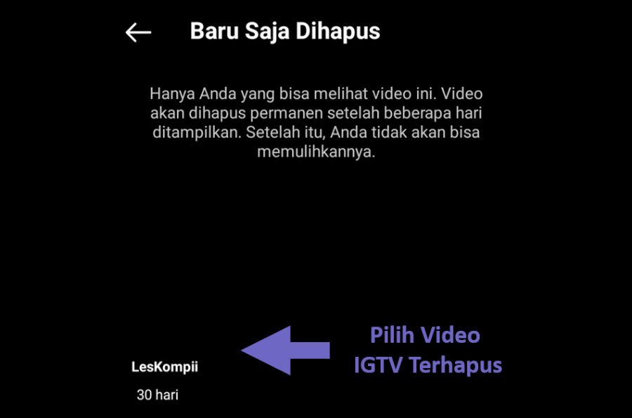 Pilih Video IGTV Terhapus