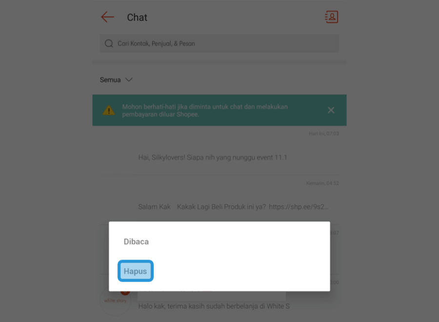 Contoh Hapus Chat di Shopee