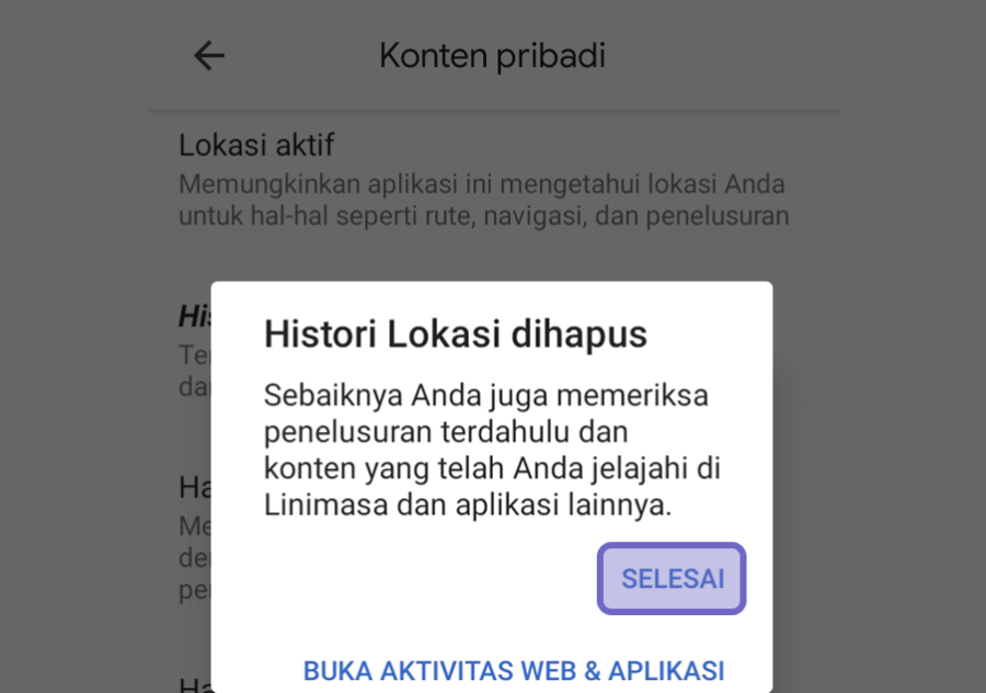 Notifikasi Hapus History Lokasi Berhasil