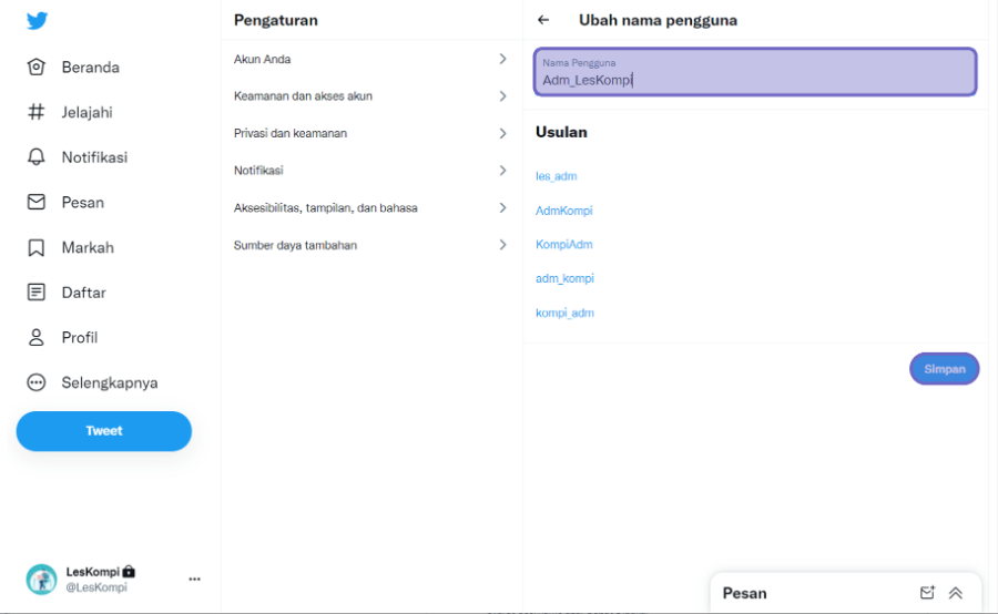 Contoh Ubah Username Twitter